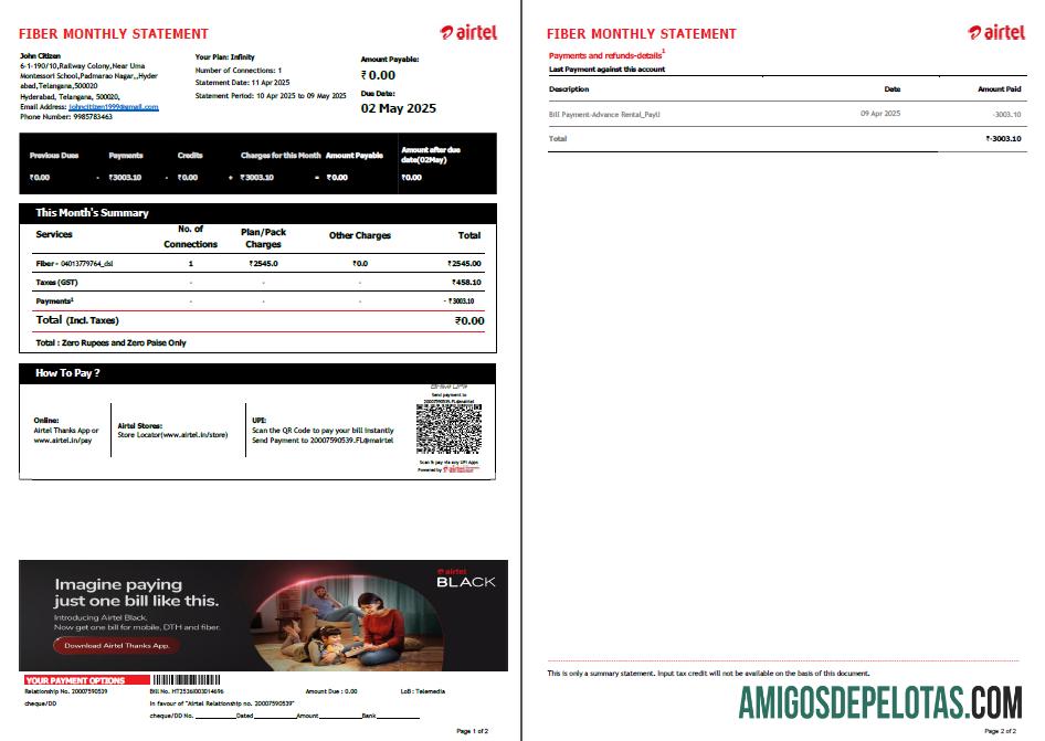 Para baixar modelo de fatura de serviços públicos da India Airtel em formatos Word e PDF, 2 páginas, versão 4